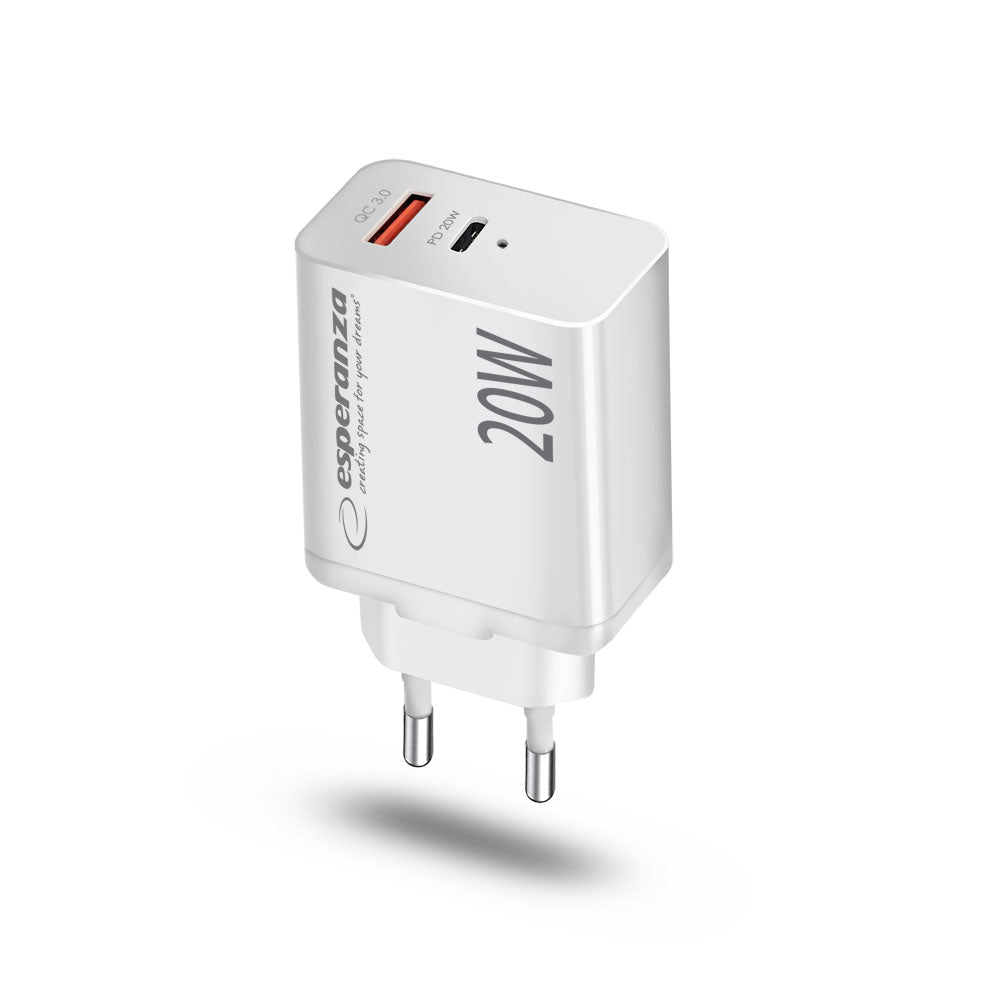 Esperanza Quick Fast Charger 20W USB-C PD 20W / USB-A QC 3.0 18W Branco Exclusivo Online - RMCLICK 