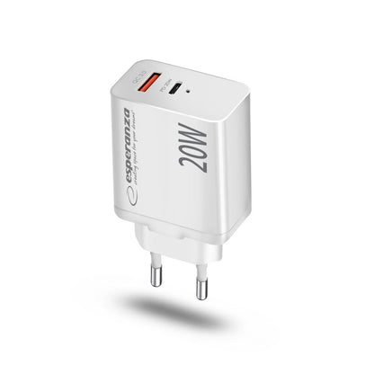 Esperanza Quick Fast Charger 20W USB-C PD 20W / USB-A QC 3.0 18W Branco Exclusivo Online - RMCLICK 
