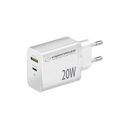 Esperanza Quick Fast Charger 20W USB-C PD 20W / USB-A QC 3.0 18W Branco Exclusivo Online - RMCLICK 