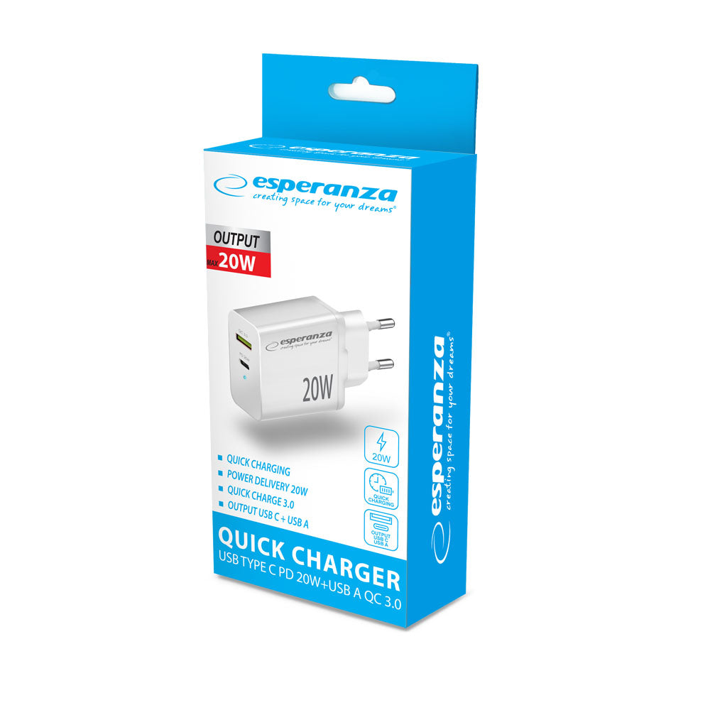 Esperanza Quick Fast Charger 20W USB-C PD 20W / USB-A QC 3.0 18W Branco Exclusivo Online - RMCLICK 