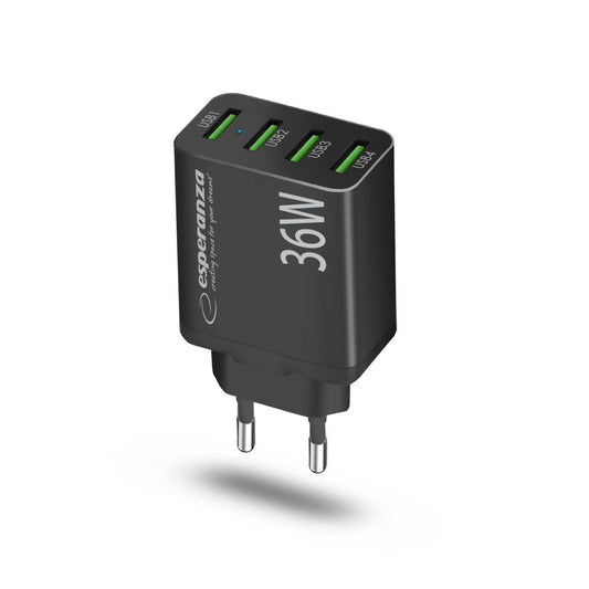 Esperanza Quick Fast Charger 36W 4x USB-A QC 3.0 18W Preto Exclusivo Online - RMCLICK 